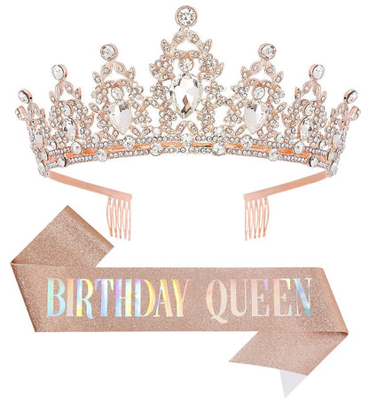 Birthday Tiara Crown with Sash for Women, Headband Hair Accessories for Wedding Party Costume