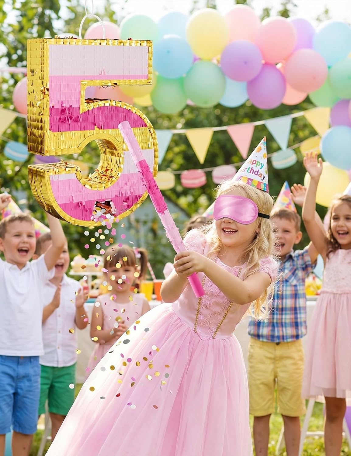 Number 5 Piñata with Stick, Blindfold & Confetti-Pink Piñata for Birthday Parties, Complete Party Game Set for Kids Girls-Gradient Pink Birthday Decor with Fillable Design(Small, 16.5 x 11.5 x 3 In)