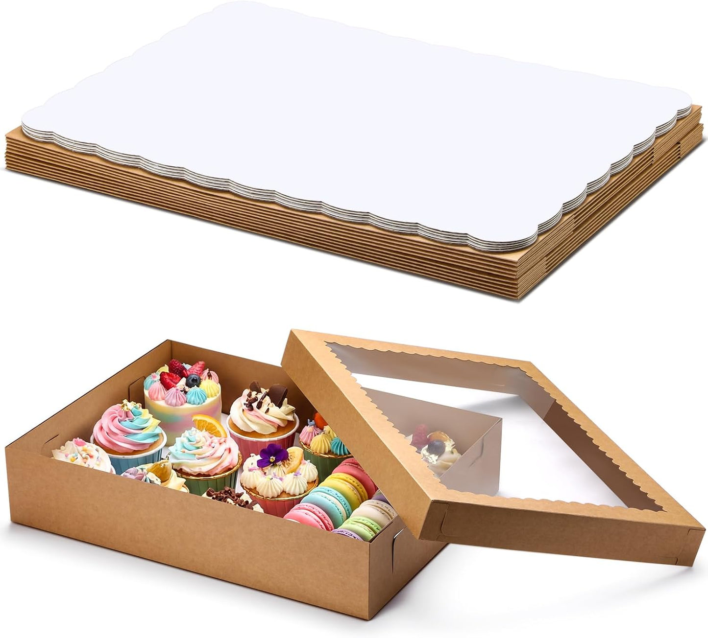 Sinload 10 Pcs 14x10x4 Inch 1/4 Sheet Cake Boxes 5pcs Large Rectangle Bakery Boxes with 5pcs Cake Boards for Pastry Baking, Cupcakes, Donuts, Cookies, Pie Treat Packaging