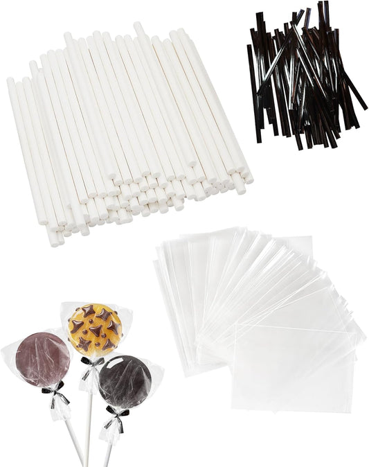 4-inch White Lollipop Sticks and Bags Set, 100Pcs Paper Candy Sticks,100Pcs Clear Bags, 100Pcs Twist Ties for Hard Candy, Chocolate, Cookie, Dessert (Gold)