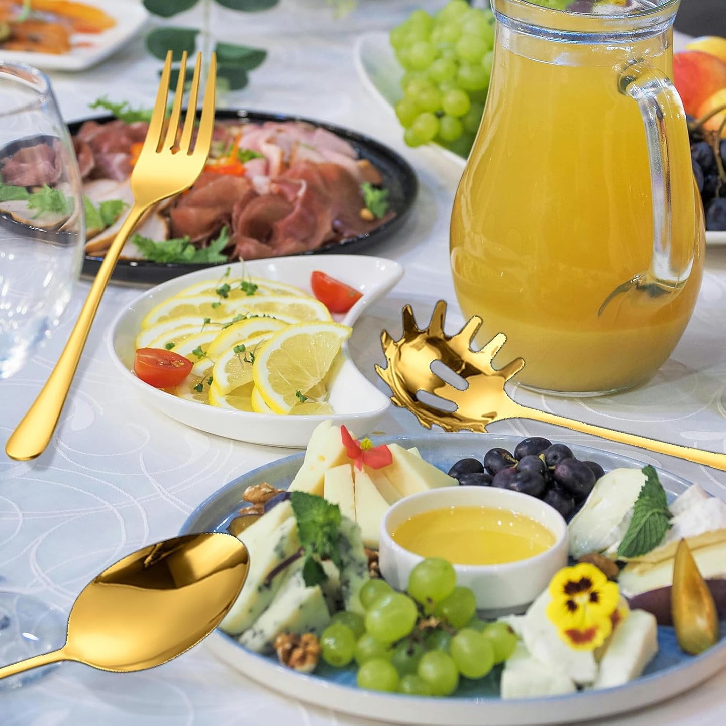 Stainless Steel Serving Utensil Set 10-Piece Buffet Flatware Catering Silverware with Bread Tong,Cake Spatula,Serving Ladles,Salad Fork,Cheese Knife,Large Spoon for Parties Buffet