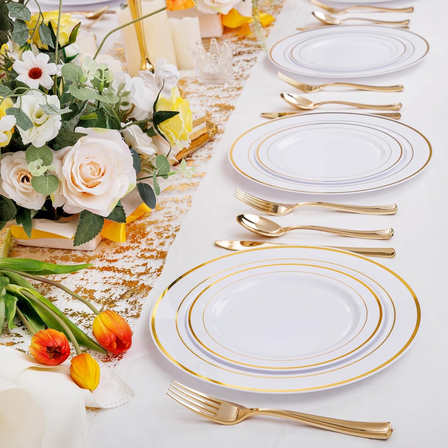 I00000 102 Pieces Gold Plastic Plates, Disposable Party Plates White Gold Rim, 51 Disposable Gold Dinner Plates 10.25 Inch and 51 Disposable Dessert Appetizer Elegant Fancy Wedding Plates 7.5 Inch
