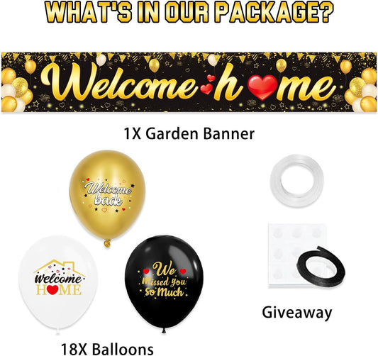 Welcome Home Banner Decoration with 18 Pcs Balloons, Black Gold Welcome Back Home Yard Sign for Outdoor, 118 X 20 inch, Military Homecoming Deployment Returning Party Supplies (Black Gold)