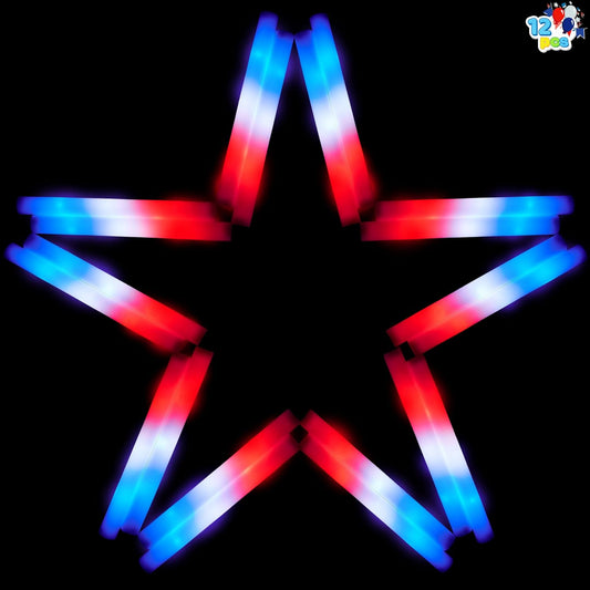 JOYIN 12 Pcs July 4th Foam Glow Sticks, 16" Red White Blue Patriotic LED Sticks with 3 Lightup Modes, Glow in the Dark Party Favor Supply for Independence Day Parade Carnival Festive Celebration