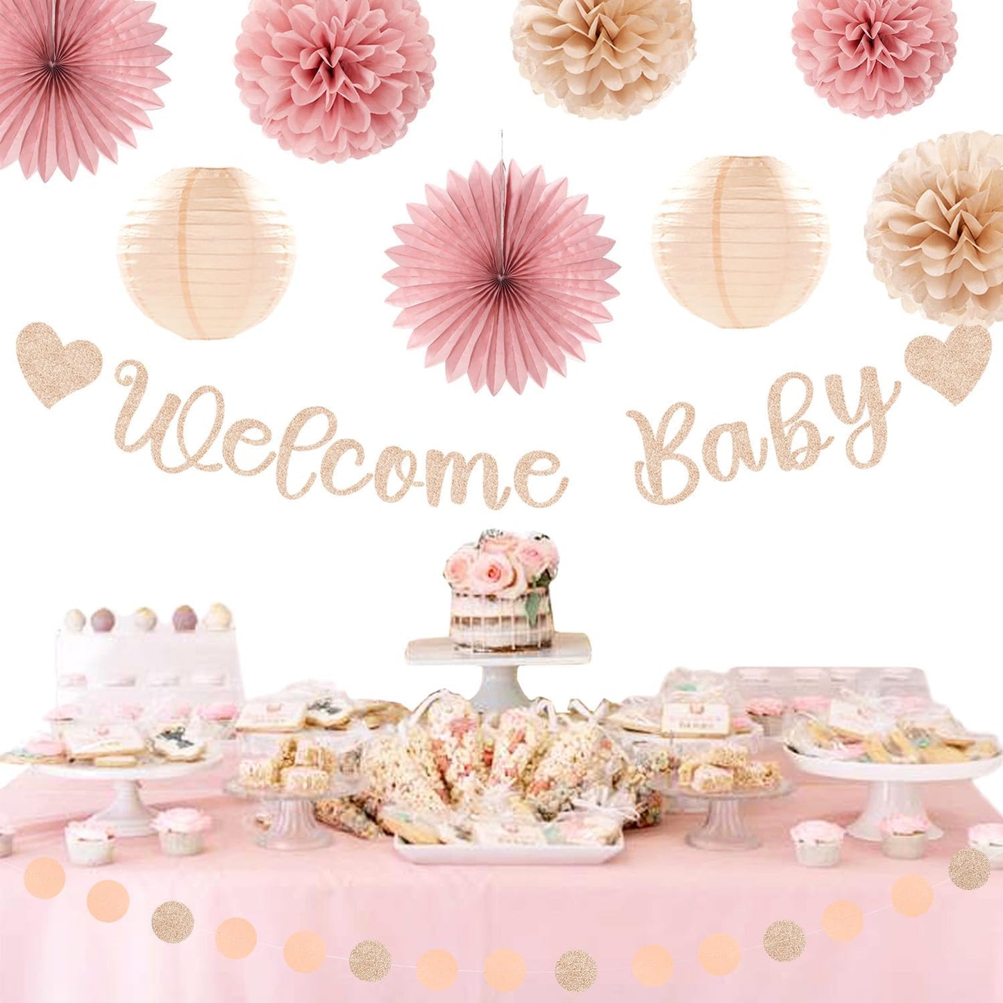 Champagne-Gold Beige Fall Baby-Shower Party-Decorations - 36pcs Welcome Home Banner Sign,Neutral Paper Lanterns,Girl Streamers Garland,Boho Hanging Tissue Pom Poms Flowers Fans Backdrop Decor Burgleda