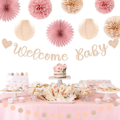 Champagne-Gold Beige Fall Baby-Shower Party-Decorations - 36pcs Welcome Home Banner Sign,Neutral Paper Lanterns,Girl Streamers Garland,Boho Hanging Tissue Pom Poms Flowers Fans Backdrop Decor Burgleda