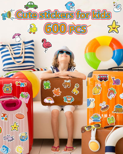 Apakkai 600 Pcs Cute Stickers for Kids, Water Bottle Stickers for Teens, Kawaii Vinyl Phone Laptop Skateboard Animal Waterproof Sticker, Bulk Aesthetic Sticker Packs for Boys Girls Teacher