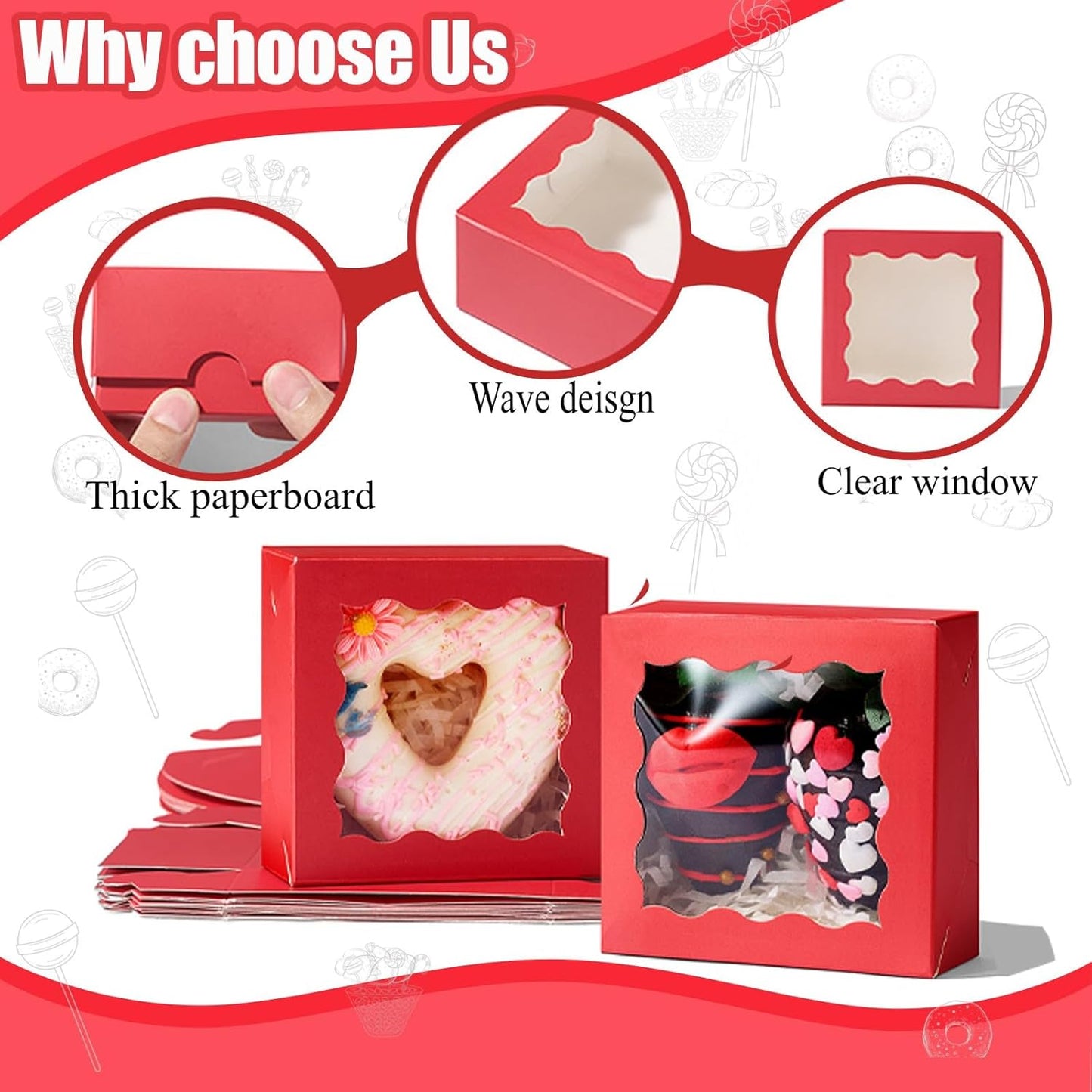 RomanticBaking 3 ¼" x 3 ¼" x 1 ½" 50PCS Chocolate Truffle Boxes for 4，Cookies Boxes Mini Bakery Boxes with Window for Brownie,Soap,Donut
