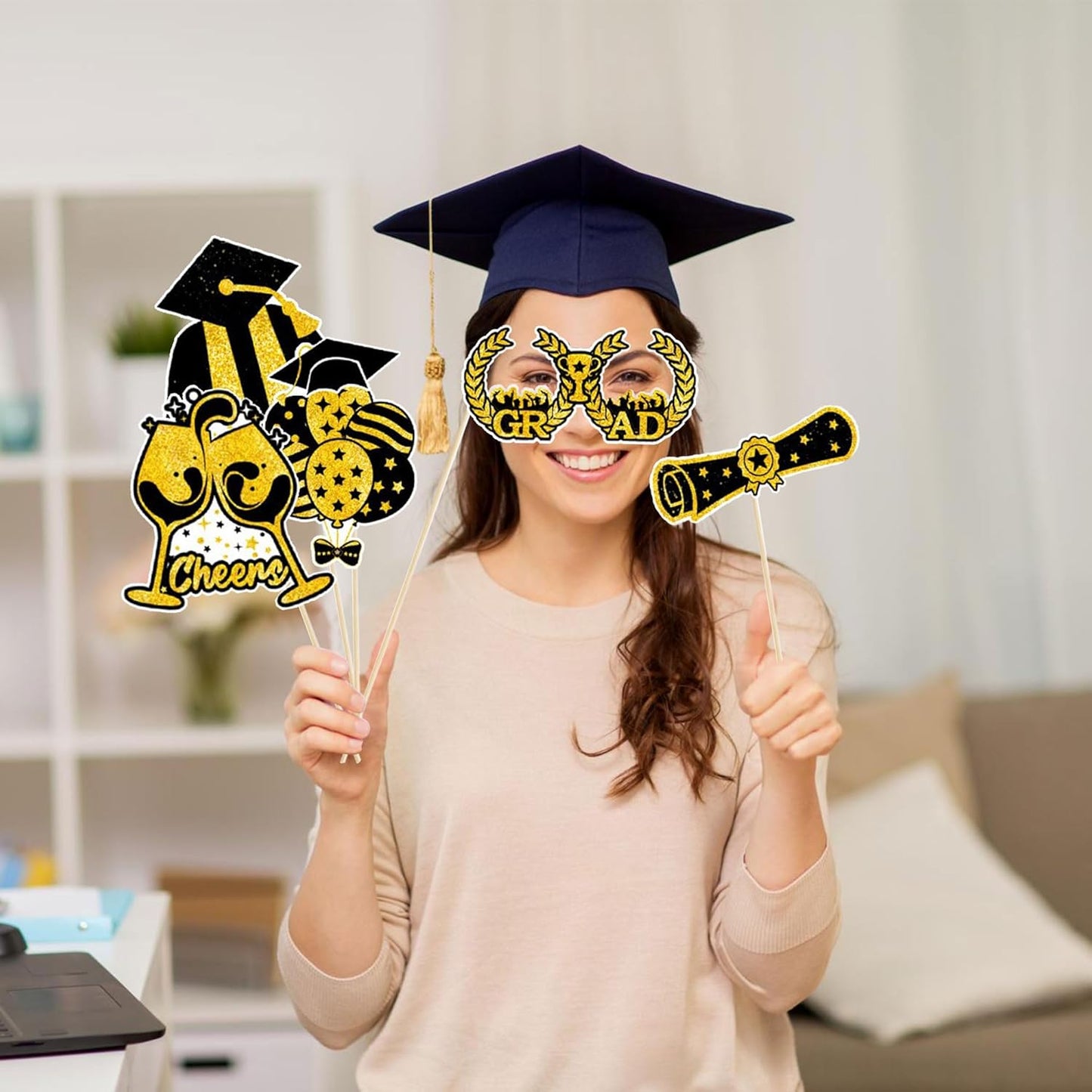2026 Graduation Photo Booth Props & Selfie Frame Set, 30Pcs Black Gold Congrats Grad Party Photo Props with 1Pc Selfie Frame for Class of 2026 Graduation Decorations Party Supplies Gifts
