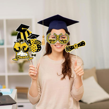 2026 Graduation Photo Booth Props & Selfie Frame Set, 30Pcs Black Gold Congrats Grad Party Photo Props with 1Pc Selfie Frame for Class of 2026 Graduation Decorations Party Supplies Gifts