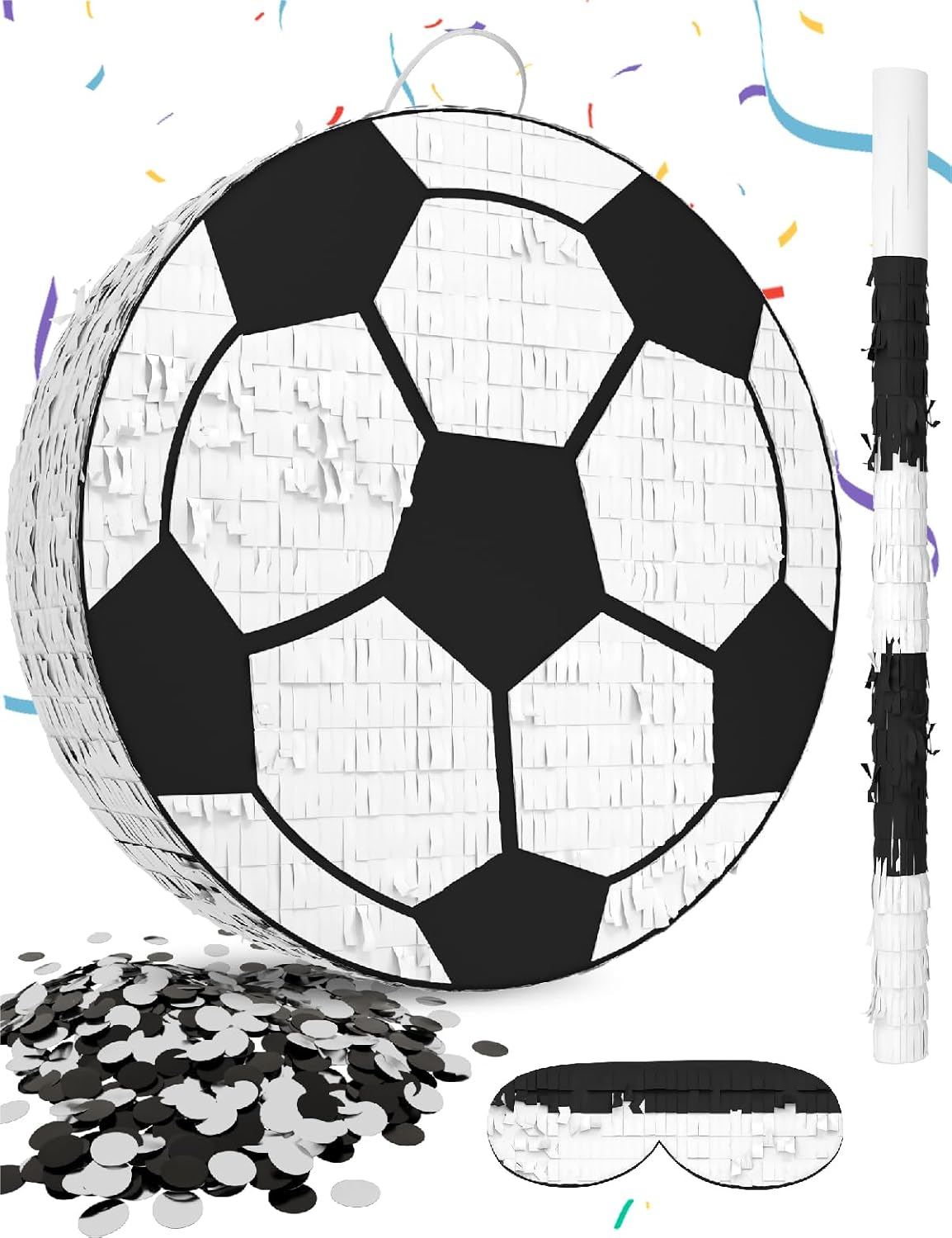 Soccer Piñata – Includes Wooden Stick, Blindfold, and Confetti – 13"x13"x3" – Perfect for Sports Party Decorations and Soccer Pinatas for Birthday Party