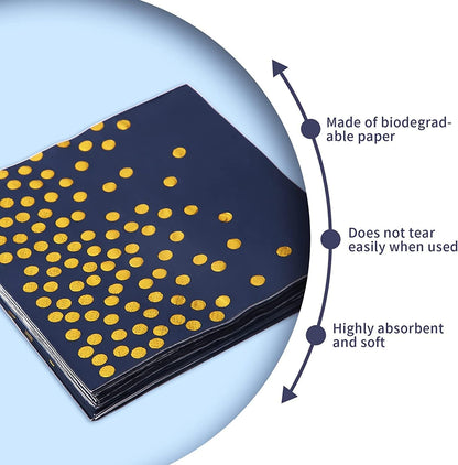 100PCS Blue Party Napkins Gold Dot Cocktail Paper Napkins Beverage Napkin for Birthday Wedding Dinner Disposable Supplies