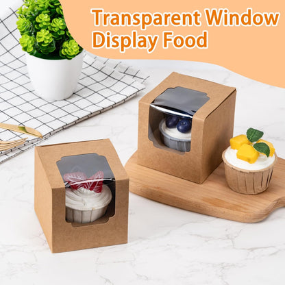 BOOMIBOO 50 Pack Individual Cupcake Containers, Cupcake Boxes with Window, Food Grade Cupcake Holders with Inserts, Stackable Deep Cupcake Carrier (White)