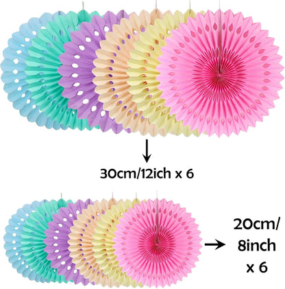 ZOOYOO Hanging Paper Fans Party Decorations,12 Pcs Pastel Rainbow Honeycomb Round Fans,Ceiling Decor for Easter,Wedding,Birthday,Summer Day Party Backdrop