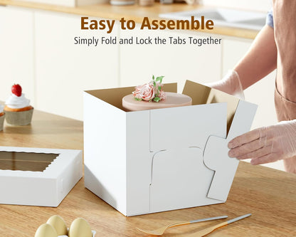 10Pcs Corrugated Cake Boxes in 2 Sizes - 12x12x12 & 10x10x10 Inch Tall Cake Box with Window, Thick Bakery Dessert Boxes, Disposable Cardboard Cake Carrier for Layer Cakes, Birthday, Wedding, Party