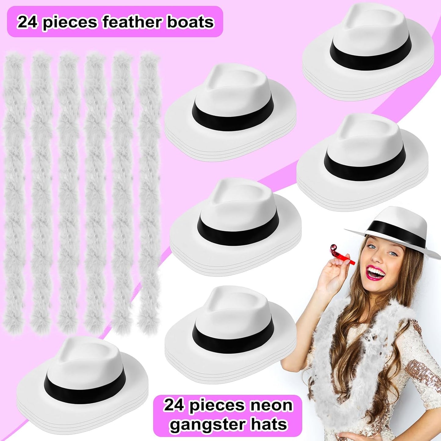 JaGely 48 Pieces Neon Party Supplies 24 Neon Gangster Hats 24 Pcs Feather Boas for Wedding Glow Party Supplies Birthday Props