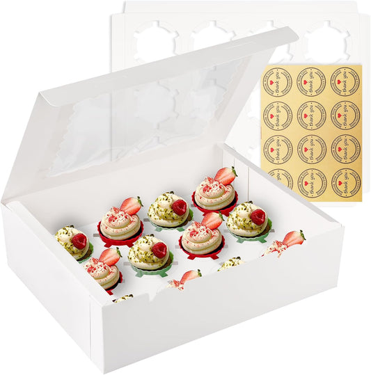 12-Count White Cupcake Boxes with Window and Insert, 13x10x3.5 Inch, Set of 10, Suitable for Cupcakes, Muffins, and Cookies