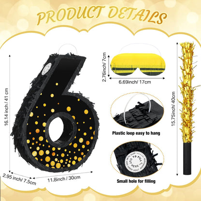 Poen Pinata for Birthday Party Decorations Black Gold Pinata with Blindfold Stick Confetti and Eye Mask for Party Supply Anniversary Baby Shower Retirement Supplies(Number 5)