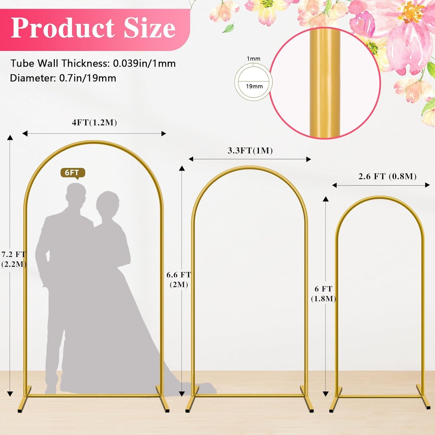 Metal Arch Backdrop Stand, Set of 3 (4ft / 5ft / 6ft) Gold Arch Backdrop with 12 Ground Nails, Stable Arched Background Stand for Wedding, Baby Shower, Birthday Party, Photography