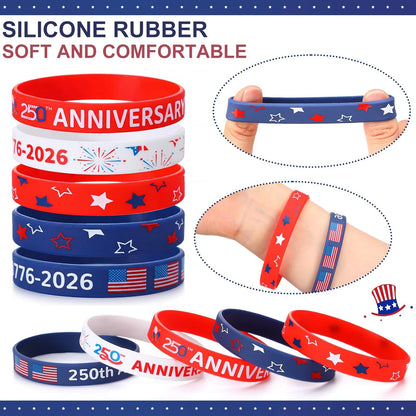 Kenning 50/100/200 Pcs 250th Anniversary Silicone Bracelets Bulk USA 4th of July Patriotic Wristband 1776-2026 American Flag Rubber Bracelet for Independence Day Party Favors Souvenirs(100 Pcs)