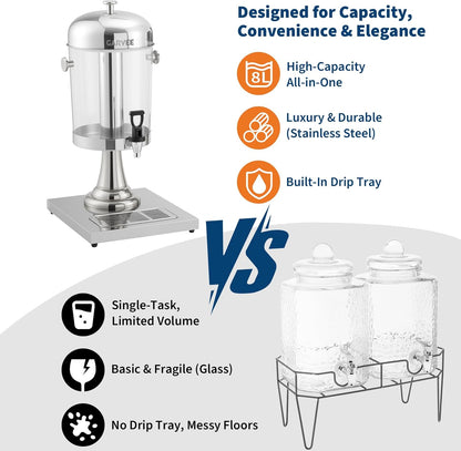 GarveeHome 2.2 Gallon Beverage Dispenser with Ice Core, Stainless Steel Cold Drink Dispenser with Stand, Spigot & Drip Tray for Lemonade, Iced Tea, Juice, Parties, Weddings & Events