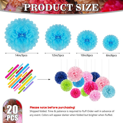 Tissue Paper Pom Poms, Pink Tissue Paper Flowers, Hanging Flower Balls for Weddings Fiesta Parties Birthday Baby Showers Classroom Bridal Shower Decoration (18Piece Set-6/10/12/14Inch)
