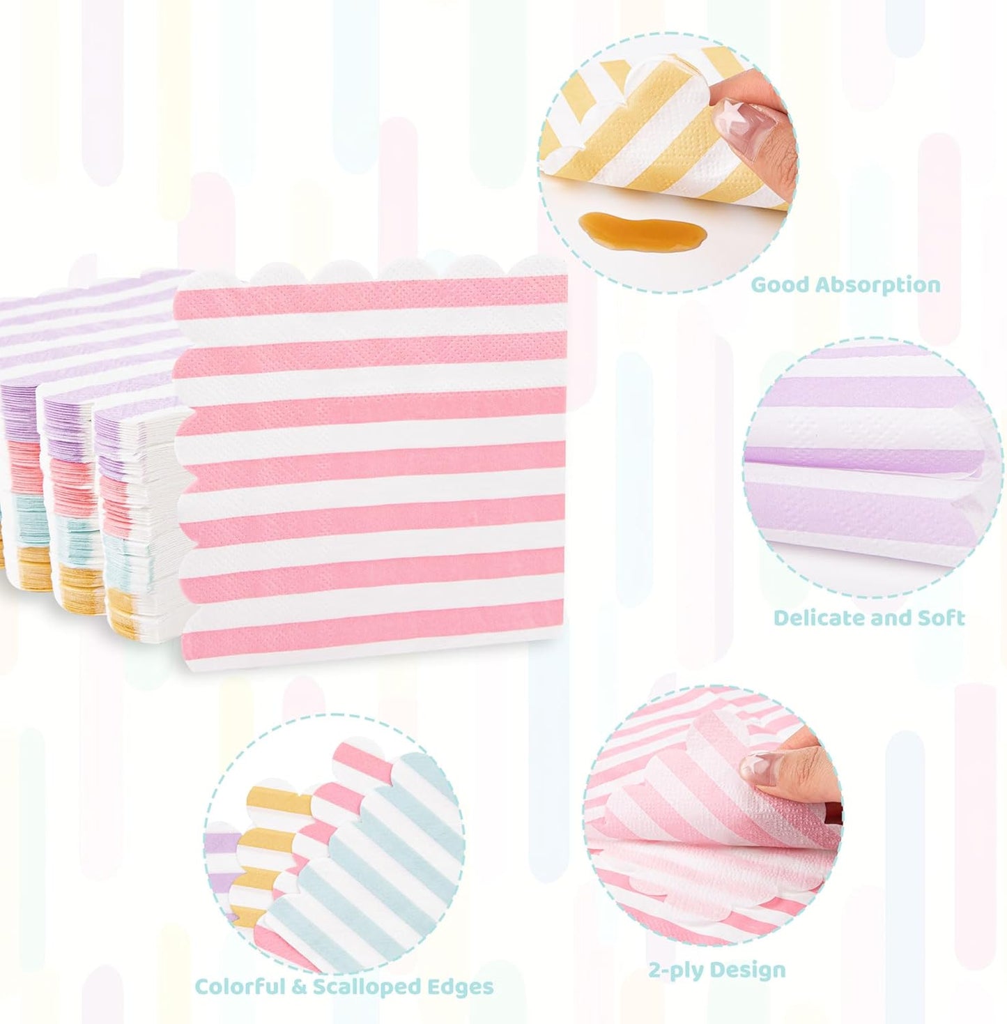 100 Pcs Striped Pastel Napkins, 5 x 5 Inches Scalloped Napkins, Disposable Cocktail Napkins for Pastel Summer Party Birthday Wedding Decor