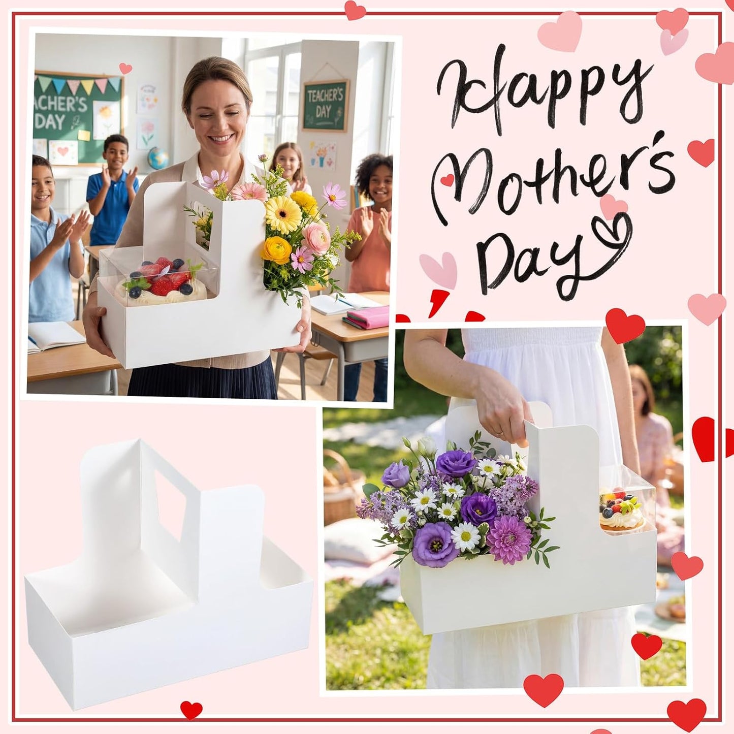 Qinyoung 12 Sets Mother's Day Flower Gift Box Cake Flower Gift Boxes with 12 Pcs Transparent PVC Cake Boxes Mother's Day Box for Teacher,Mom Wedding, Birthday Party(White,Classic,Blank)