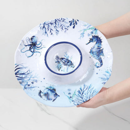 UPware Sea Life Melamine Chip and Dip Serving Tray, Round Serving Platter for Chips, Salsa, Fruit, and Snacks, Multicolor, 13.5 Inch