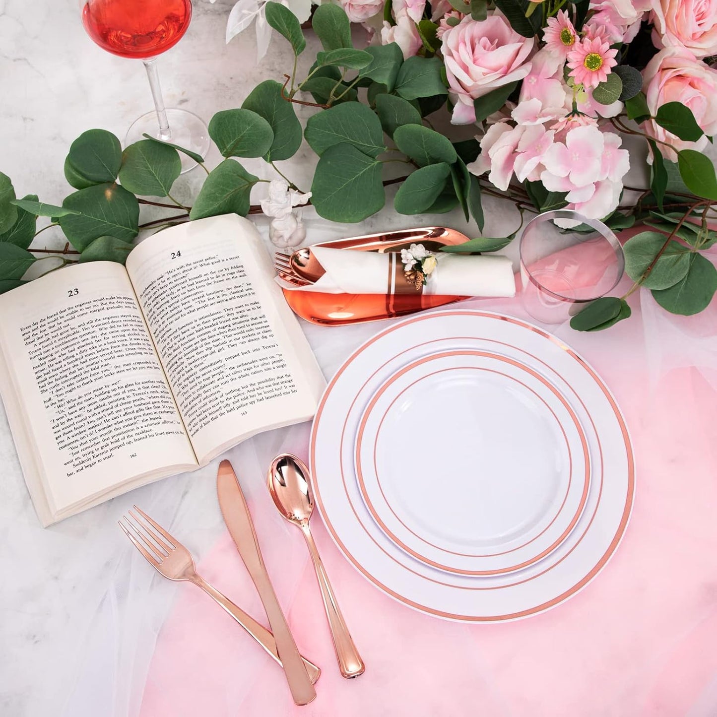 WELLIFE 350-Piece Gold Disposable Plates and Cutlery Set - Premium 10.25" Dinner Plates, 7.5" Dessert Plates, 9oz Cups & Cutlery for Weddings, Catering Events - 50 Guest Service - Elegant & Sturdy
