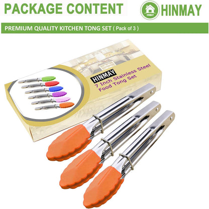 HINMAY Small Tongs with Silicone Tips 7-Inch Mini Serving Tongs, Set of 6 (Green Red Blue Purple Pink Orange)