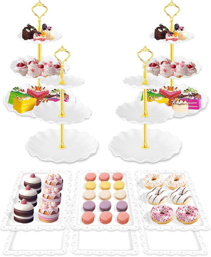 Hoedia 10 Pcs Cake Stand, Plastic Dessert Table Display Set, 4 Pcs 3 Tier Cupcake Stand Tower Holder and 6 Pcs Serving Tray for Tea Party Baby Shower Decorations