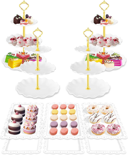 Hoedia 10 Pcs Cake Stand, Plastic Dessert Table Display Set, 4 Pcs 3 Tier Cupcake Stand Tower Holder and 6 Pcs Serving Tray for Tea Party Baby Shower Decorations