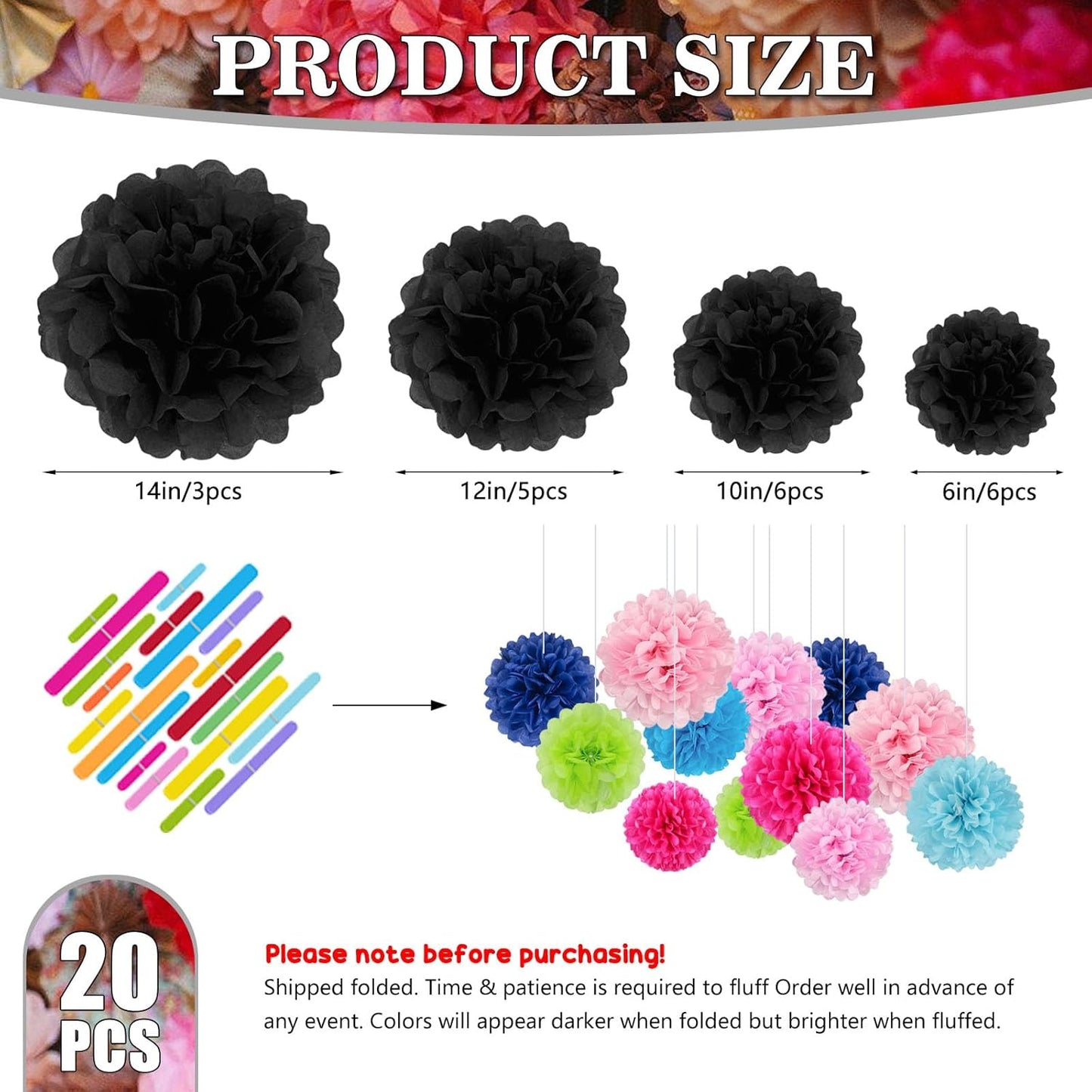 Tissue Paper Pom Poms, Pink Tissue Paper Flowers, Hanging Flower Balls for Weddings Fiesta Parties Birthday Baby Showers Classroom Bridal Shower Decoration (18Piece Set-6/10/12/14Inch)