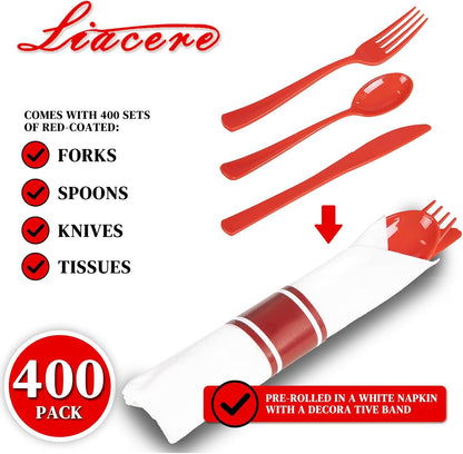 Liacere 100 Pack Silver Plastic Silverware-Pre Wrapped cutlery and Napkin-Pre Rolled Silverware Disposable 100 Forks, 100 Knives 100 Spoons, 100 Napkins Plastic Utensils＆Wedding