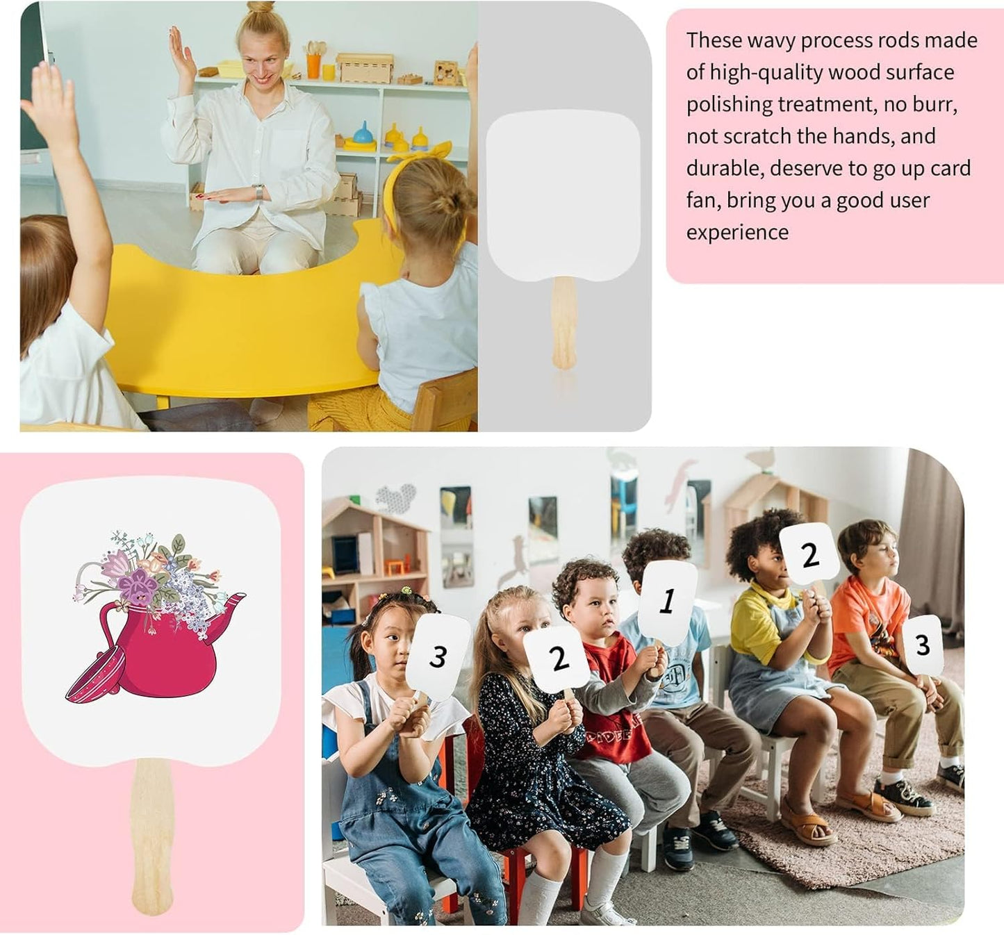 94 Pcs Church Fans Handheld Set, 60 Cardstock Paper Fans with 30 Wavy Wooden Sticks and 4 Rolls of Double-Sided Tape, Handheld Blank White Cardstock for DIY Crafting Painting Custom Fans