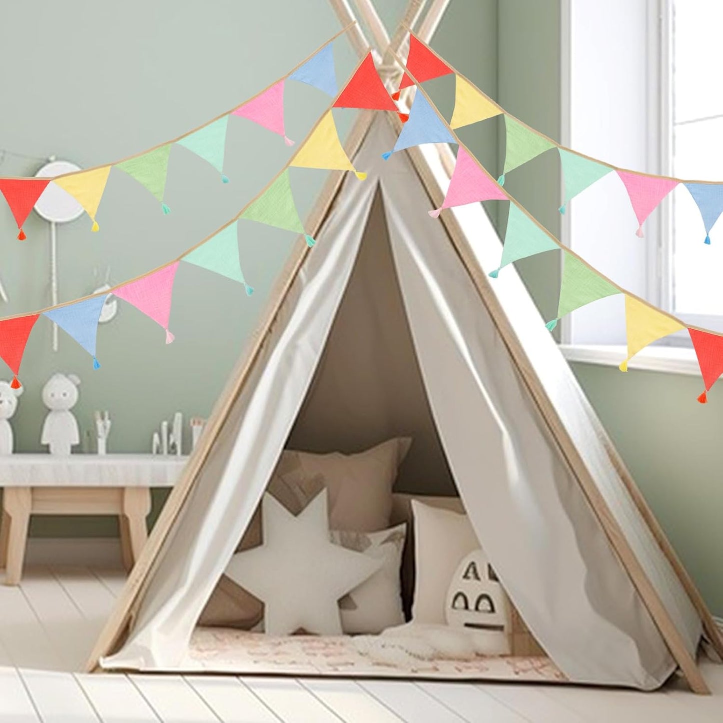 G2PLUS Cotton Fabric Bunting Banner, 9Ft Green Triangle Pennant Banner Flag, 12pcs Double-Sided Bunting Garland with Tassels for Birthday, Nursery, Baby Shower, Classroom Hanging Decor