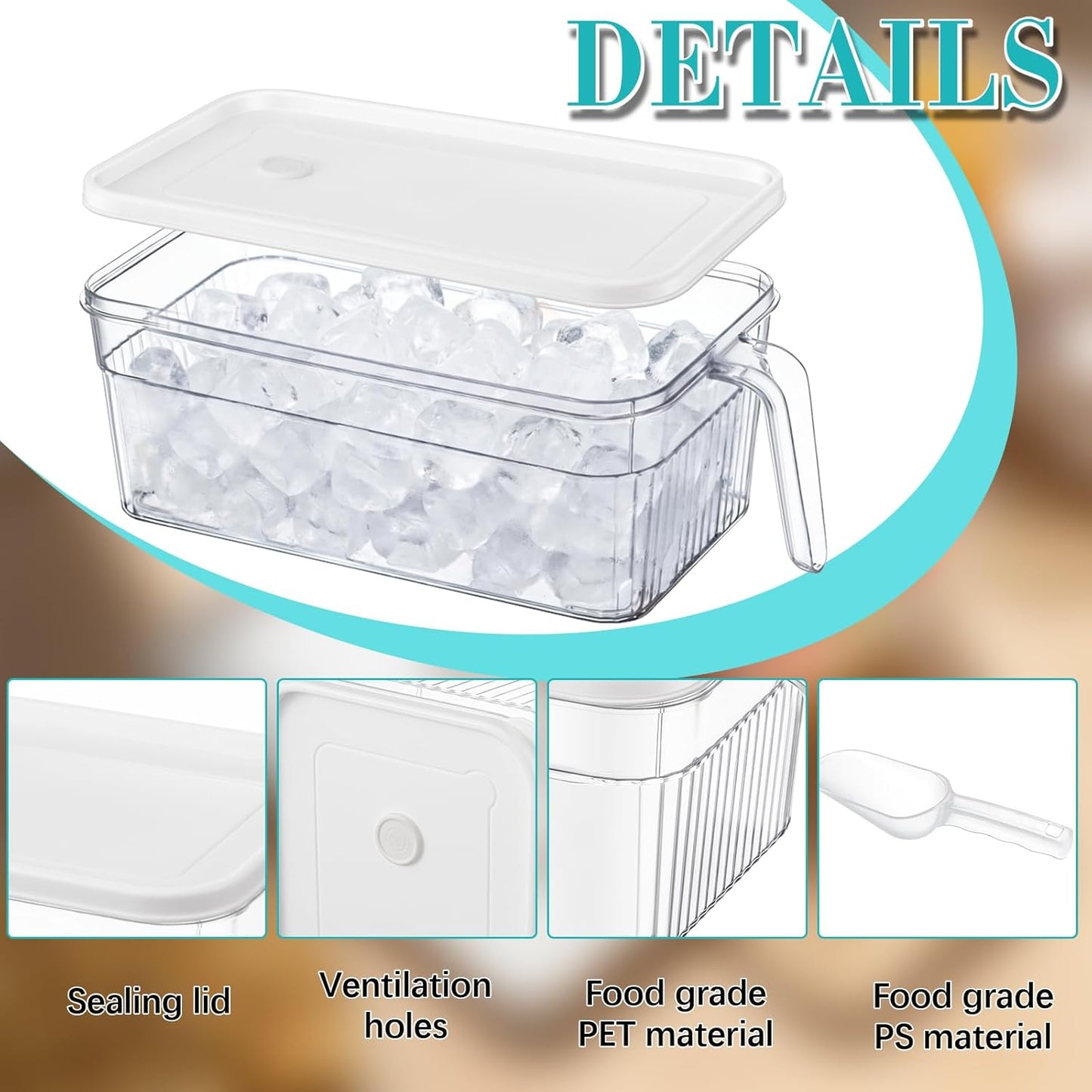 Havawish 4 Pcs Ice Storage Bin for Freezer with Lid and Flexible Scoop Set Plastic Ice Container with Lid Handle for Home Office Fridge Storage (12.4 x 8.07 x 3.94 Inches,Clear)