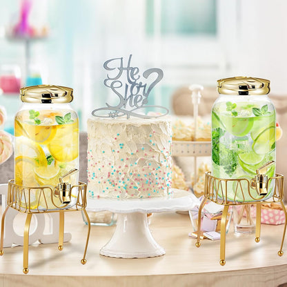 Tanlade 2 Pcs Plastic Drink Dispenser with Stand Beverage Dispenser with Sturdy Metal Base Juice Jar for Parties Lemonade Jar Spigot for Weddings Countertop Water, Each 1 Gallon (Gold)