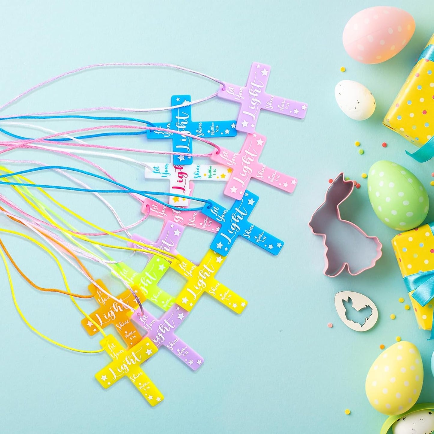 Seenelling 49 Pcs Glow in the Dark Silicone Cross Necklaces Bulk Let Your Light Shine Cross Necklace Bible Verse Religious Christian Gift for Christian VBS Birthday Church Party Favor