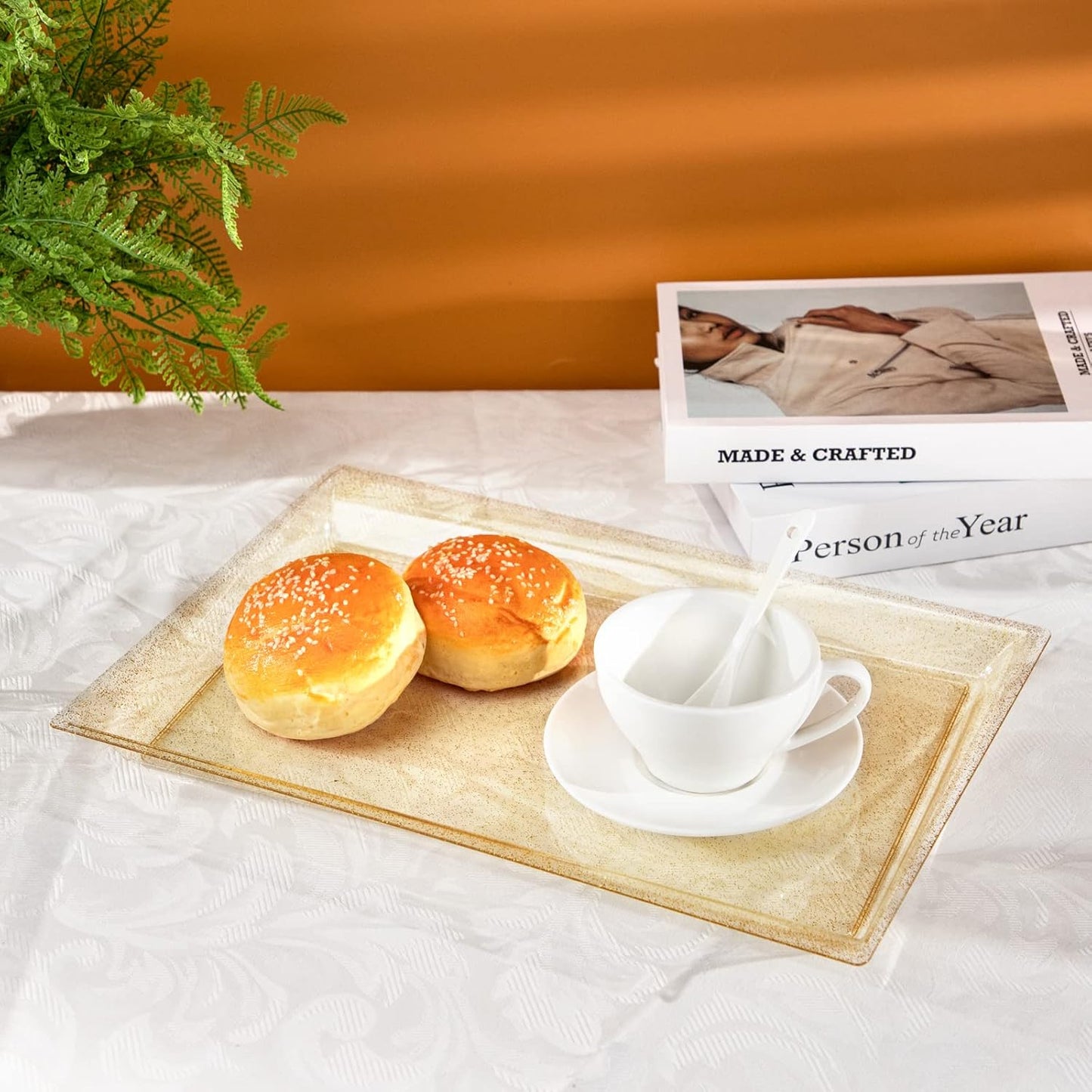 I00000 8 Pack White Plastic Serving Tray, 15" x 10" Rectangle Food Trays, Disposable Serving Platter for Parties, Internal Inclined Design Perfect for Weddings and Party