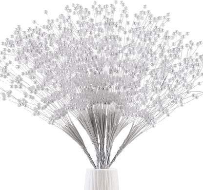 50pcs 4mm Pearls String Beaded Bouquet Spray Sticks for Bridal Beaded Wedding Party Table Decorations Mother's Day Decor (Gold)