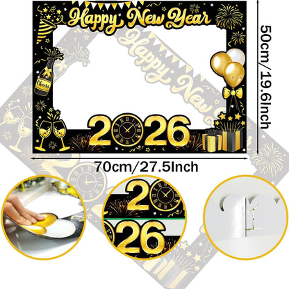 New Years Eve Decorations 2026, Giant Happy New Year Selfie Frame, 18pcs New Year Photo Booth Props, Happy New Year Decorations 2026, Funny New Year Eve Party Supplies 2026