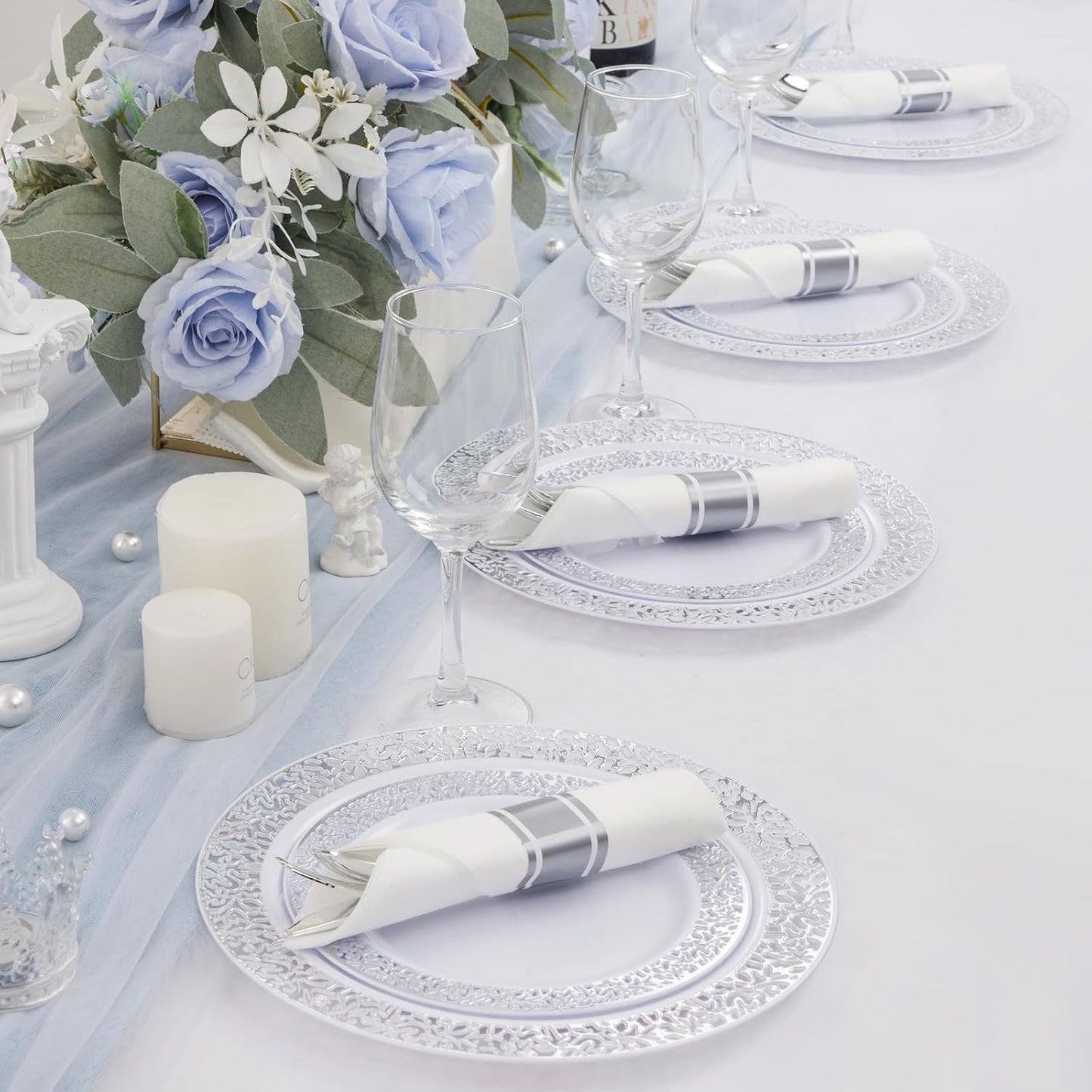 Supernal 180Pcs Silver Plastic Silverware Set, Elegant Hammered Design Heavy Duty Disposable Cutlery, Includes 60 Forks, 60 Knives, 60 Spoons,Silver Plastic Utensils for Wedding, Parties,Events