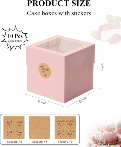 COTOPHER 4Pcs 6x6x6 Inches Mini Cake Boxes, Pink Square Bakery Boxes with Window, Small Cake Containers for Pastries, Cookies, Chocolates, Cupcakes, Birthday Party Cajas Pasteles