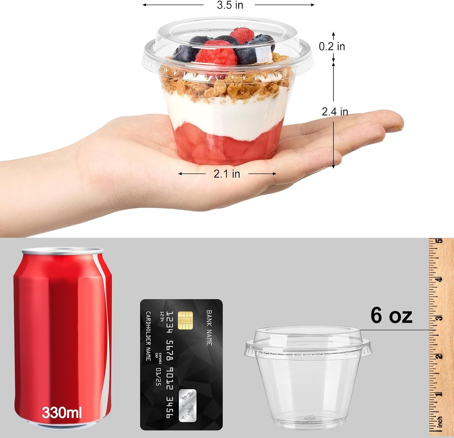 50 Pack 6 oz Plastic Dessert Cups with Lids, Small Plastic Yogurt Parfait Cups, Mini Round Party Serving Cup for Pudding, Fruit, Cake, Appetizer, Dessert Shot Glasses