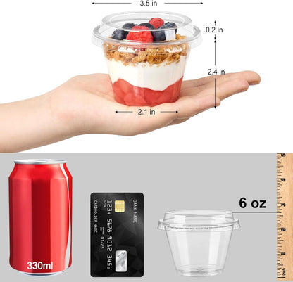 50 Pack 6 oz Plastic Dessert Cups with Lids, Small Plastic Yogurt Parfait Cups, Mini Round Party Serving Cup for Pudding, Fruit, Cake, Appetizer, Dessert Shot Glasses