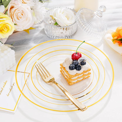 I00000 102 Pieces Gold Plastic Plates, Disposable Party Plates White Gold Rim, 51 Disposable Gold Dinner Plates 10.25 Inch and 51 Disposable Dessert Appetizer Elegant Fancy Wedding Plates 7.5 Inch