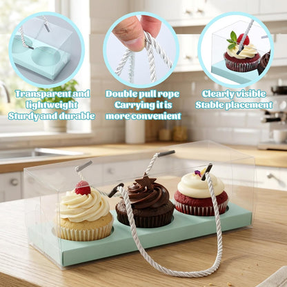 Thenshop 20 Pcs 9 x 3 x 3 Inch Clear Cupcake Boxes with Handle and Inserts 3 Count Portable Pastry Packaging for Cupcakes Carrier Muffin Bakery Containers Mothers Day Wedding Party(Brown)
