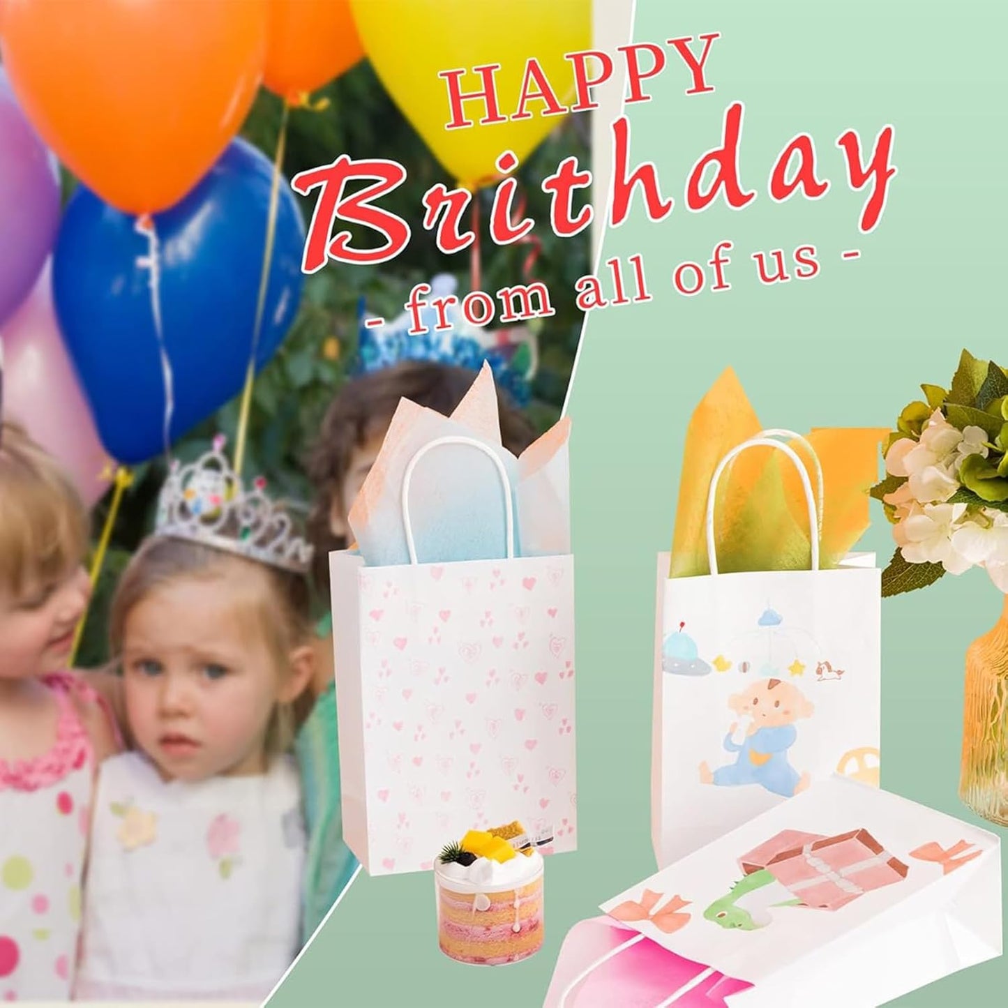 RACETOP 32 Pack Small Paper Gift Bags with Handles, 5.8"×3.2"×8.25" Kraft Paper Party Favor Bags Bulk for Kids Birthday, Baby Shower, Crafts, Wedding, Party Supplies (8 Colors)